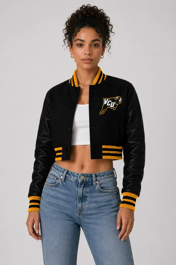VCU Black Wool & Black Leather Crop Top Jacket