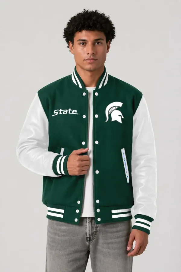 Michigan State Spartans Green Wool & White Leather Varsity Jacket