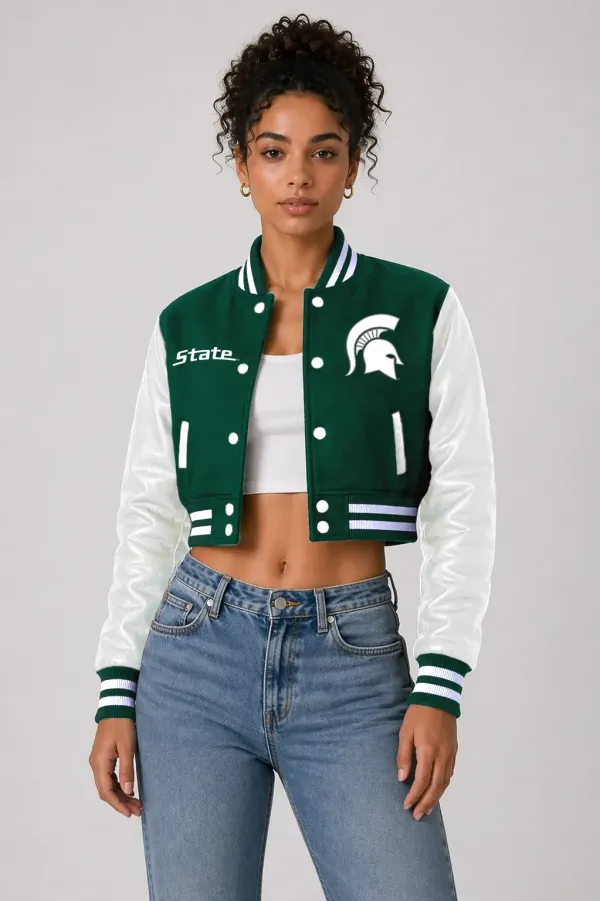 Michigan State Spartans Green Wool & White Leather Crop Top Jacket