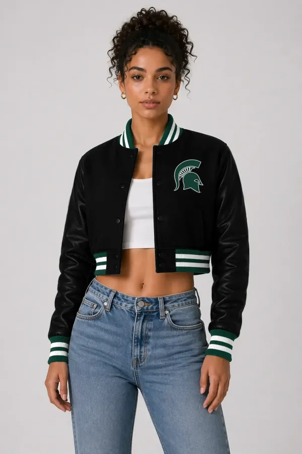 Michigan State Spartans Black Wool & Black Leather Crop Top Jacket