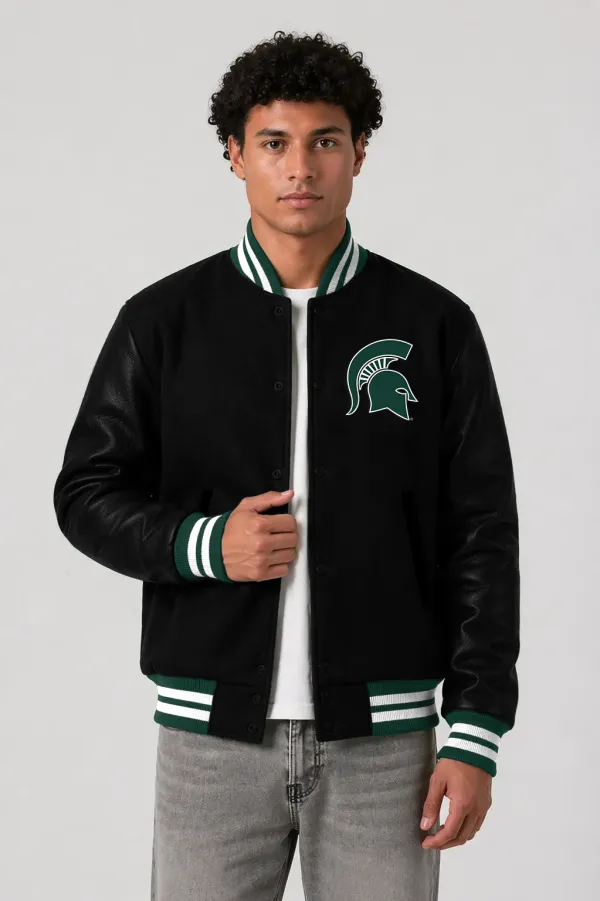 Michigan State Spartans Black Wool & Black Leather Varsity Jacket
