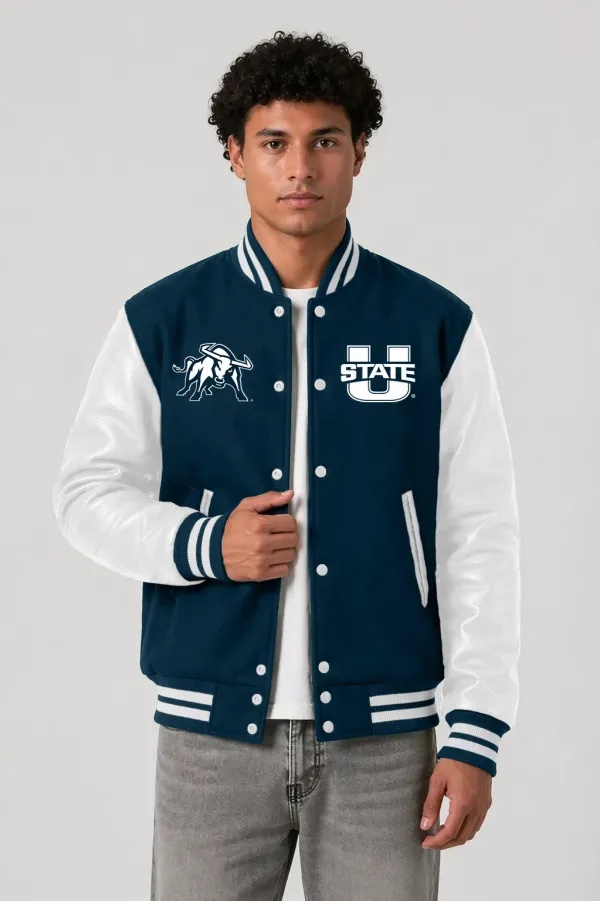 Utah State Aggies Blue Wool & White Leather Varsity Jacket