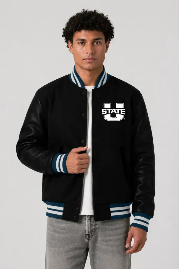 Utah State Aggies Black Wool & Black Leather Varsity Jacket
