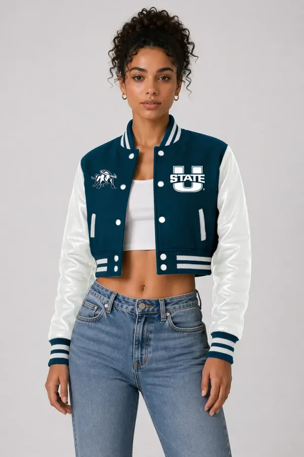 Utah State Aggies Blue Wool & White Leather Crop Top Jacket