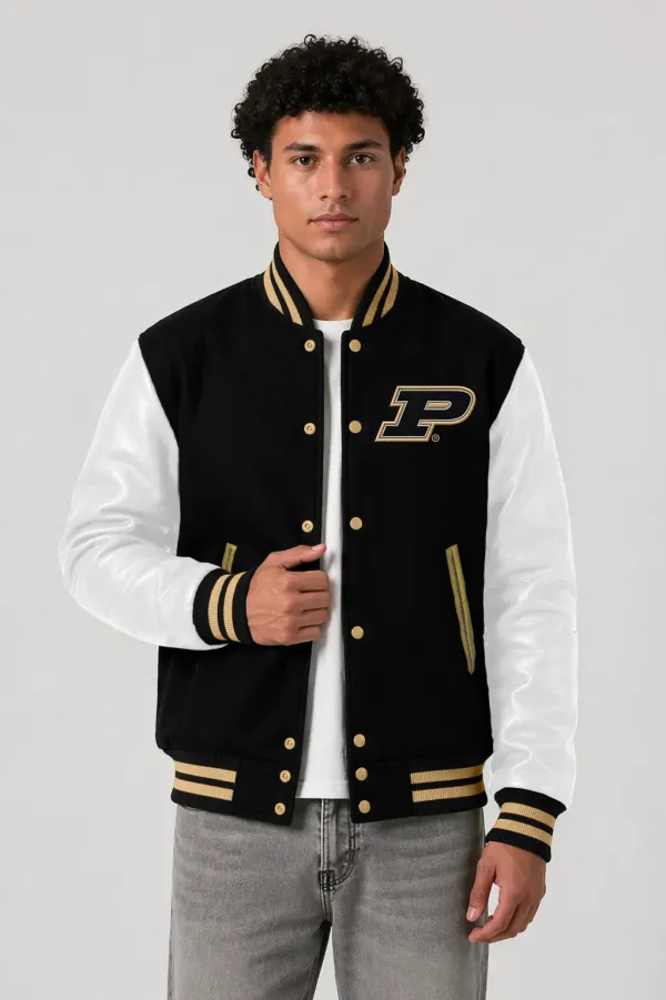 Purdue Boilermakers Black Wool & White Leather Varsity Jacket