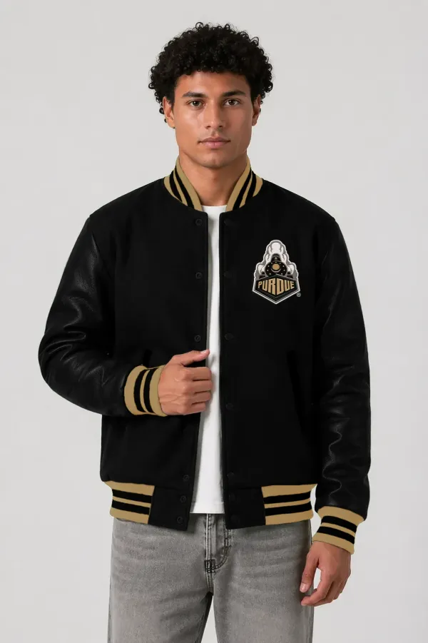 Purdue Boilermakers Black Wool & Black Leather Varsity Jacket