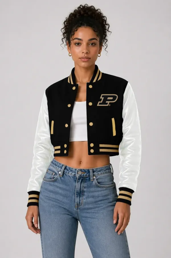 Purdue Boilermakers Black Wool & White Leather Crop Top Jacket