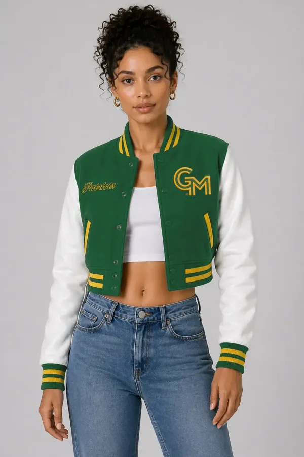 George Mason Patriots Green Wool & Bright White Leather Crop Top Jacket