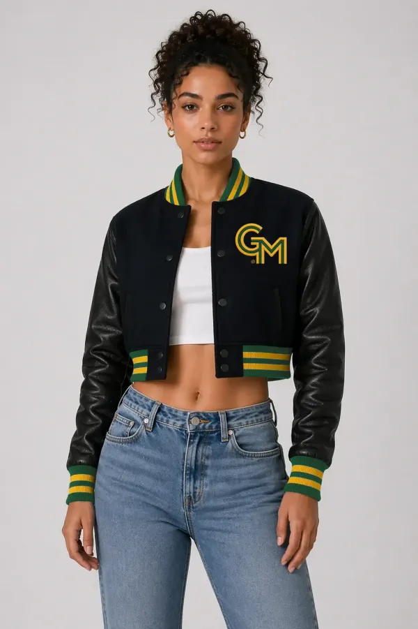 George Mason Patriots Black Wool & Black Leather Crop Top Jacket