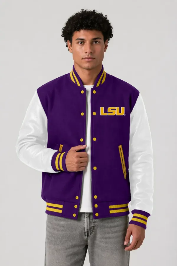 LSU Tigers Purple Wool & Bright White Leather Varsity Jacket