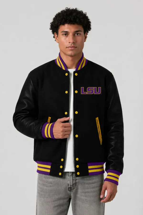 LSU Tigers Black Wool & Black Leather Varsity Jacket