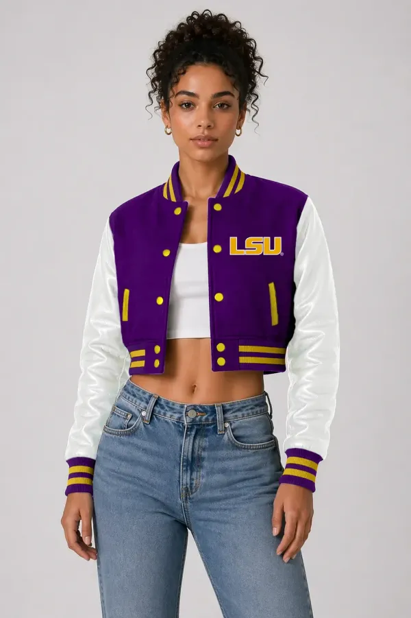 LSU Tigers Purple Wool & Bright White Leather Crop Top Jacket