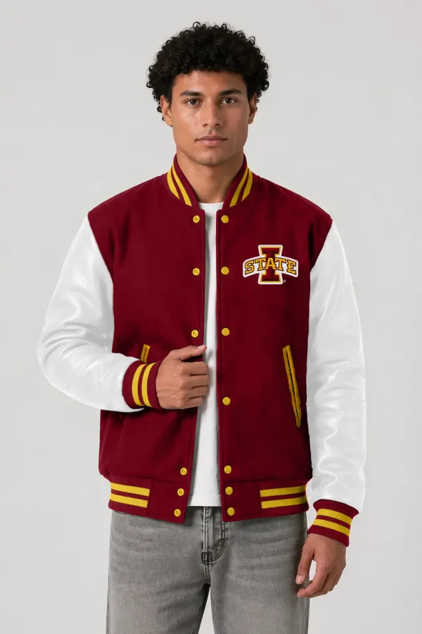 Iowa State Cyclones Cardinal Red Wool & White Leather Varsity Jacket