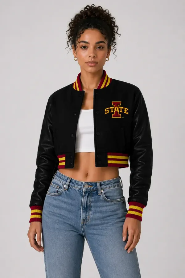 Iowa State Cyclones Black Wool & Black Leather Crop Top Jacket