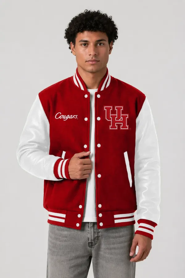 Houston Cougars Scarlet Wool & White Leather Varsity Jacket