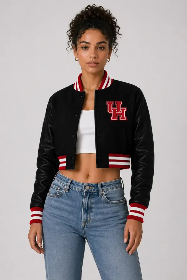 Houston Cougars Black Wool & Black Leather Crop Top Jacket