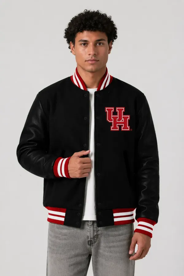 Houston Cougars Black Wool & Black Leather Varsity Jacket