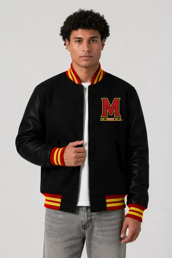 Maryland Terrapins Black Wool & Black Leather Varsity Jacket