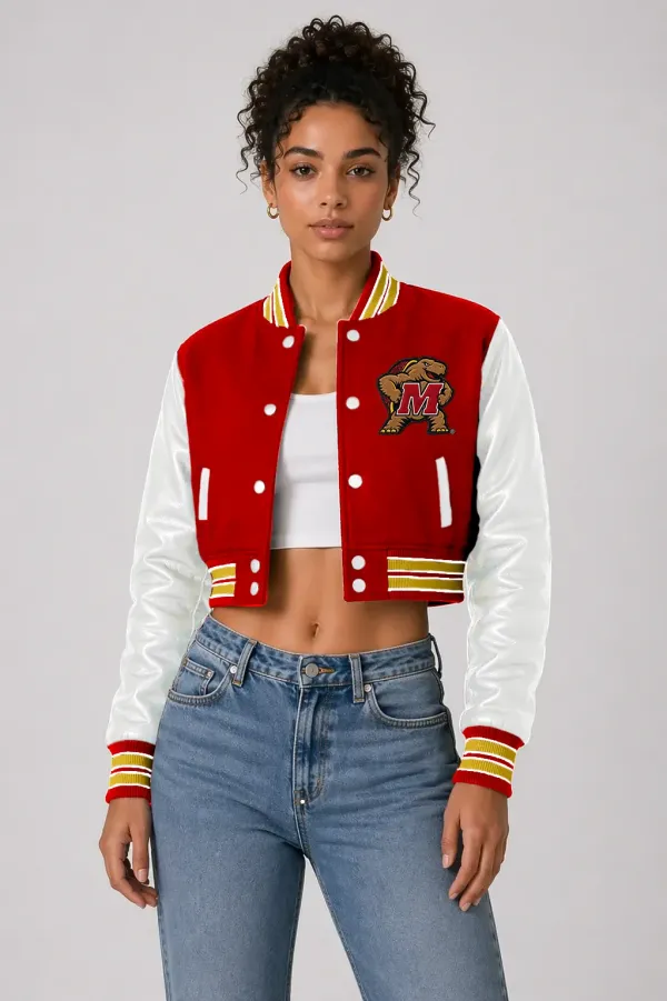 Maryland Terrapins Scarlet Wool & White Leather Crop Top Jacket