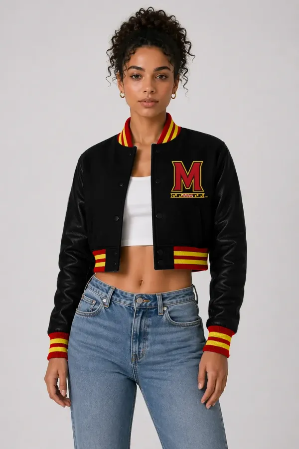 Maryland Terrapins Black Wool & Black Leather Crop Top Jacket
