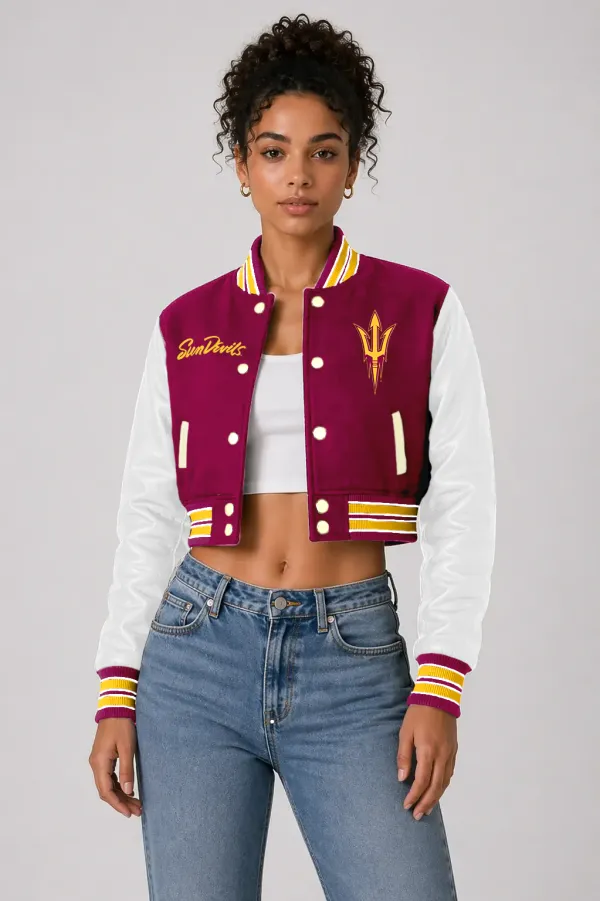 Arizona State Sun Devils Maroon Wool & Bright White Leather Crop Top Varsity Jacket