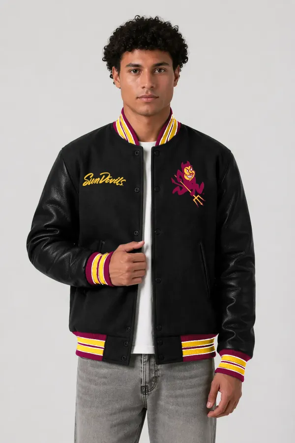 Arizona State Sun Devils Black Wool & Black Leather Varsity Jacket