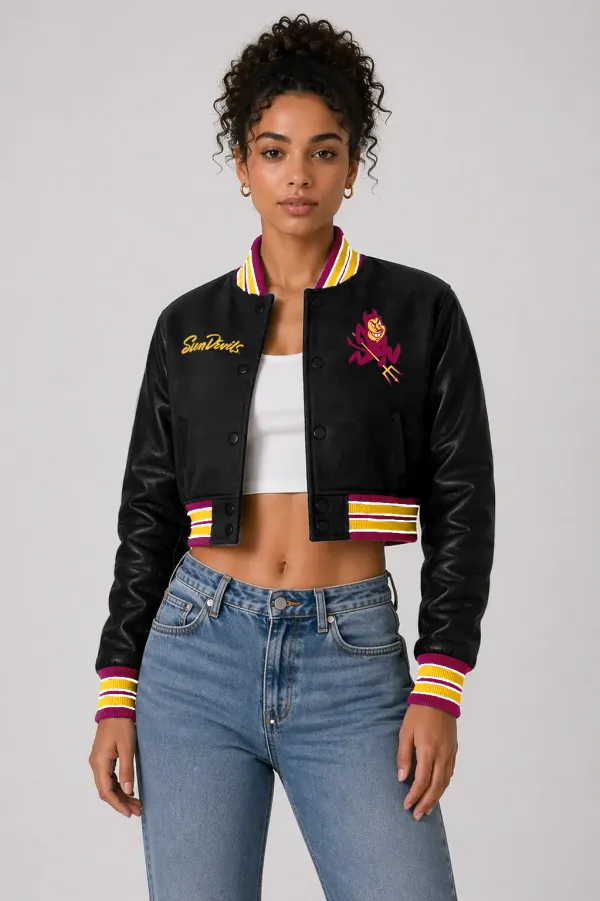Arizona State Sun Devils Black Wool & Black Leather Crop Top Varsity Jacket