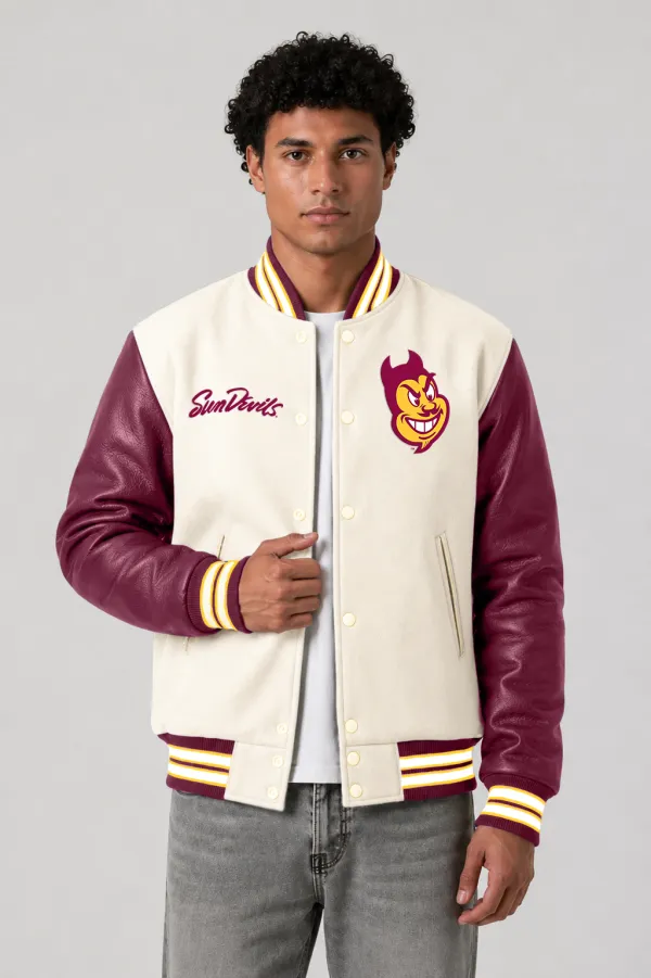 Arizona State Sun Devils Off-White Wool & Maroon Leather Varsity Jacket