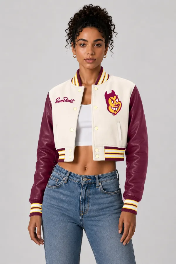 Arizona State Sun Devils Off-White Wool & Maroon Leather Crop Top Varsity Jacket