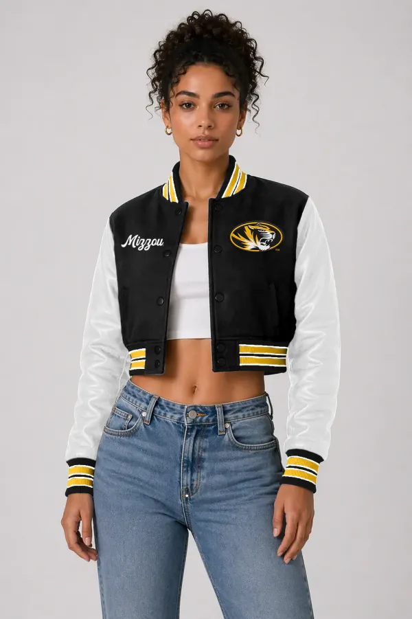 Missouri Tigers Black Wool & Bright White Leather Crop Top Varsity Jacket