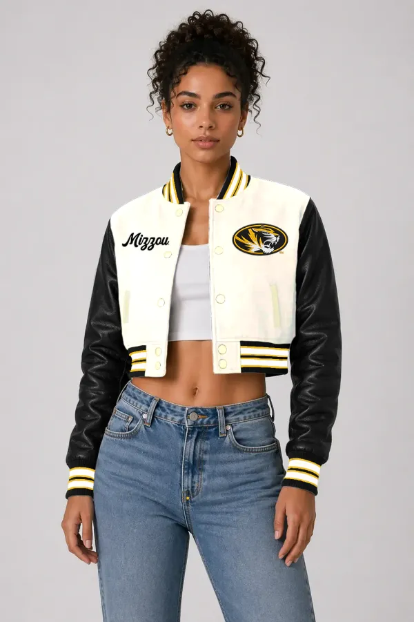 Missouri Tigers Off-White Wool & Black Leather Crop Top Varsity Jacket