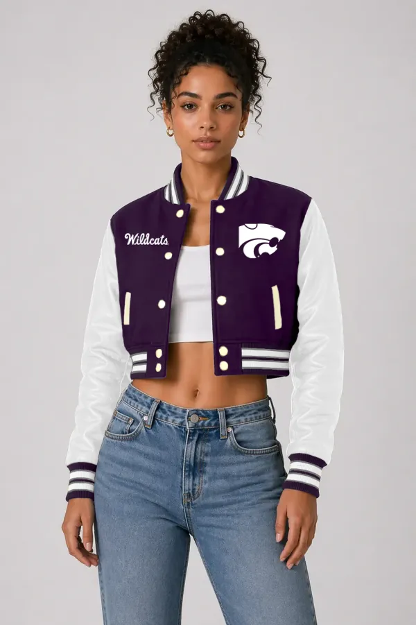 Kansas State Wildcats Purple Wool & Bright White Leather Crop Top Varsity Jacket