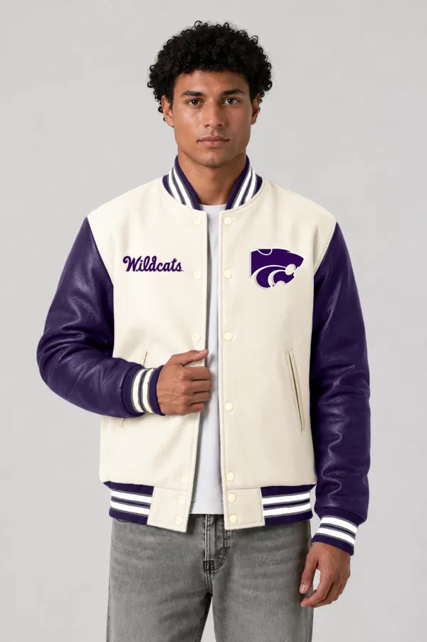 Kansas State Wildcats Off-White Wool & Purple Leather Varsity Jacket