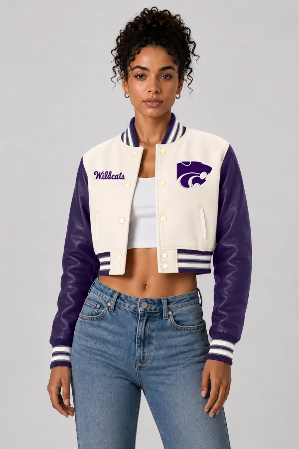 Kansas State Wildcats Off-White Wool & Purple Leather Crop Top Varsity Jacket