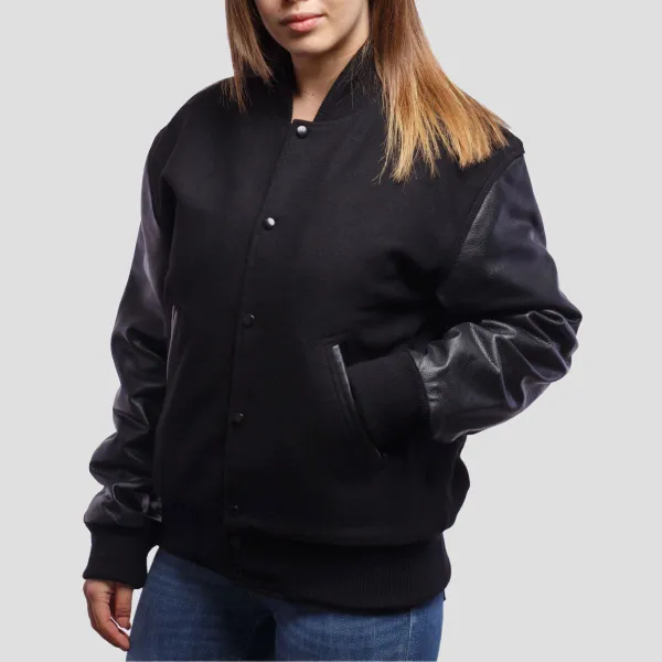 Black Wool Body & Black Leather Sleeves Letterman Jacket