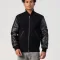 Black Melton Wool Body & Cowhide Leather Sleeves Jacket with Zipper
