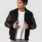 Black Body & Cowhide Leather Sleeves Jacket with Zipper and Byron Collar
