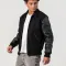 Black Body & Cowhide Leather Sleeves Jacket with Zipper and Byron Collar