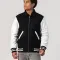 Black Body & White Leather Sleeves Letterman Jacket With Byron Collar and Zipper