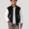 Black Body & White Leather Sleeves Letterman Jacket With Byron Collar and Zipper